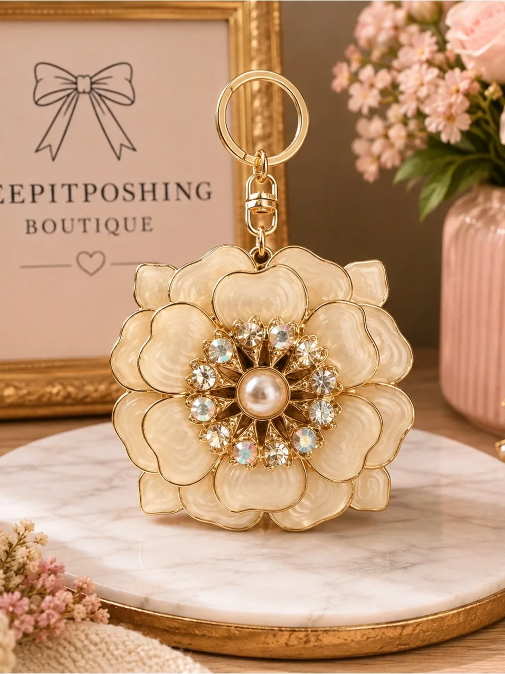 Elegant Cream Floral Charm Keychain with Pearl and Crystals